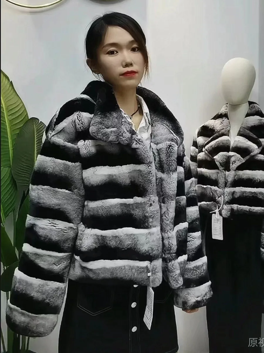 chinchilla Drop shoulder sleeve stand collar real  Rex rabbit hair Fur coat Natural fur Short women's wear 2023 winter warmth