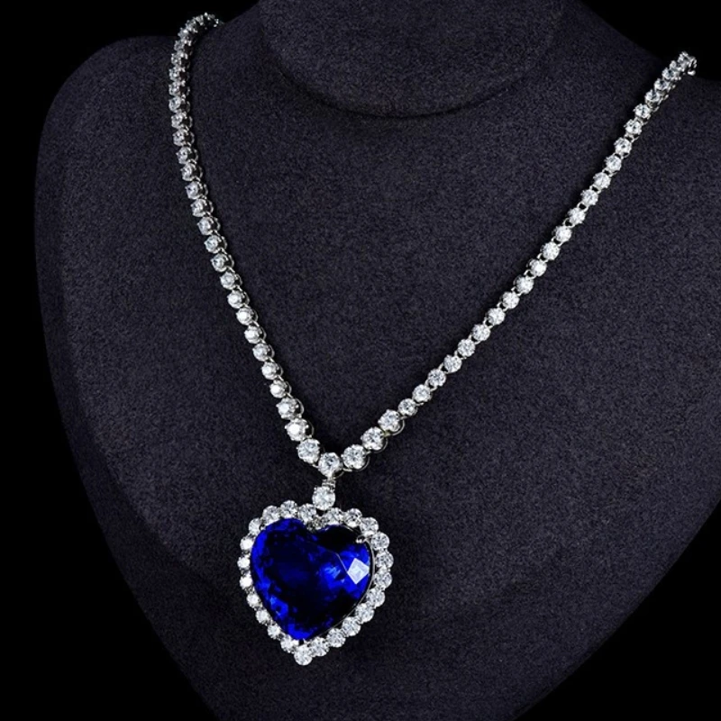 Bellux Synthetic 6A Tanzanite Stone Necklace for Women's Wedding Banquet Blue Heart of the Ocean Sapphire Necklace Heart Pendant