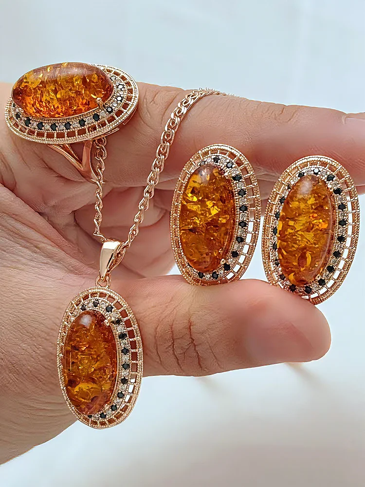Kinel Hot Oval Bernstein Ring Ohrringe Halskette für Frauen Mode 585 Rose Gold Farbe Natürlichen Zirkon Zubehör Vintage-Schmuck-Set