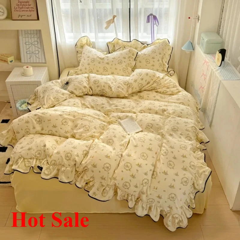 

2025 cream lace girl powder grid Korean version bed 4-piece set washed cotton double-layer yarn quilt cover dormitory