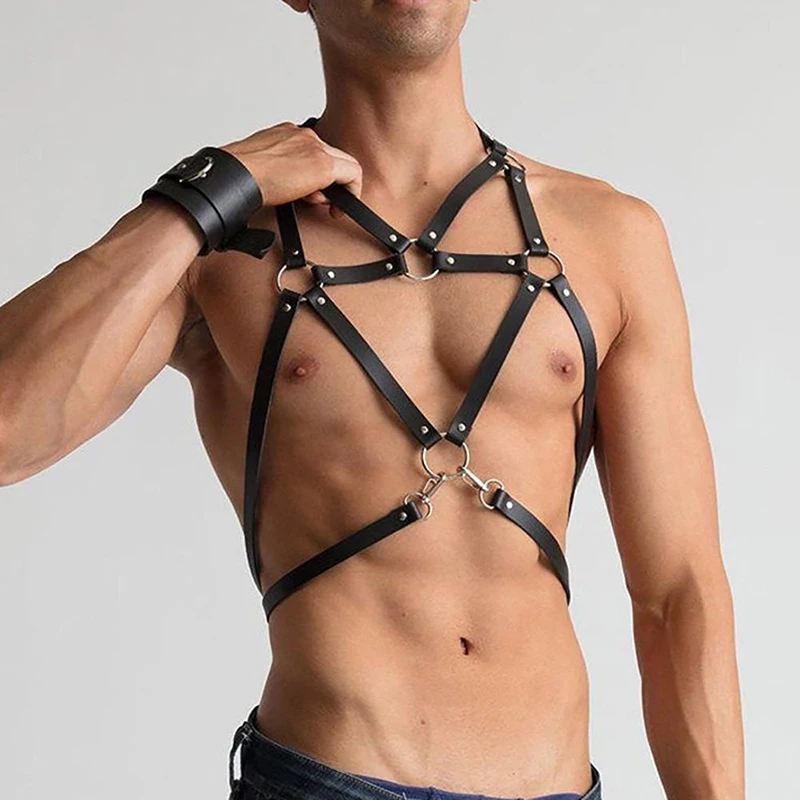 

Men Black Leather Body Chain Chest Harness Waist Straps Cage Belts Punk Harajuku Strappy Adjustable Buckle Suspenders Party Prom