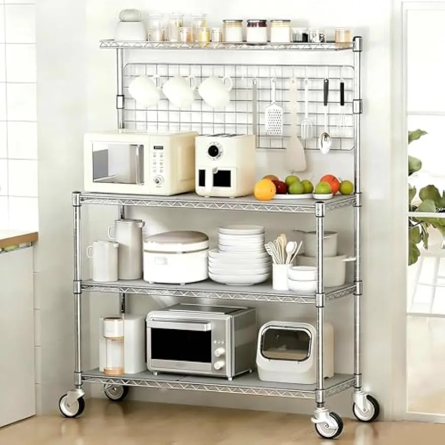 Four Tier Metal Bakers Rack Kitchen Storage Shelves With Wheels, Heavy Duty Microwave Stand Utility Cart With Hanging Hooks For Dining Room And Pantry Organization, Modern Chrome