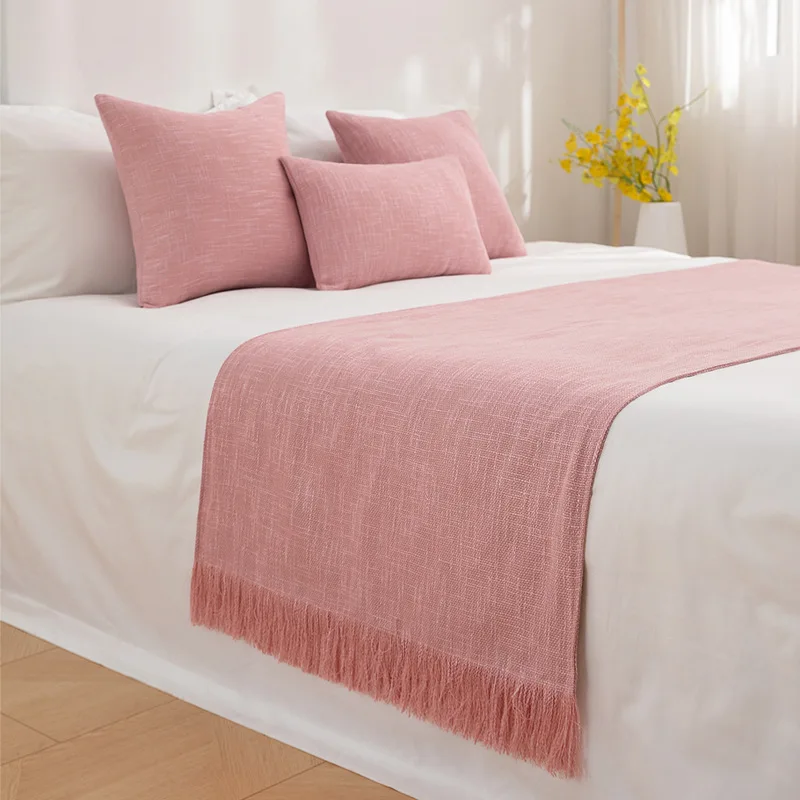 Light Luxury Hotel Bed Flag Bed Tail Cover Homestay Hotel Plain Tassel Bed Tail Decoration Cover Coarse Linen Headboard Backrest