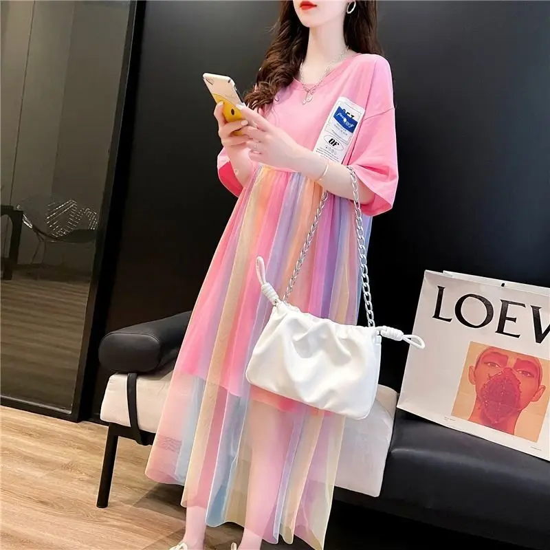 Casual Patch Designs Dresses Summer New Stylish Gauze Rainbow Color Spliced Women\'s Clothing A-Line Korean Round Neck Midi Dress