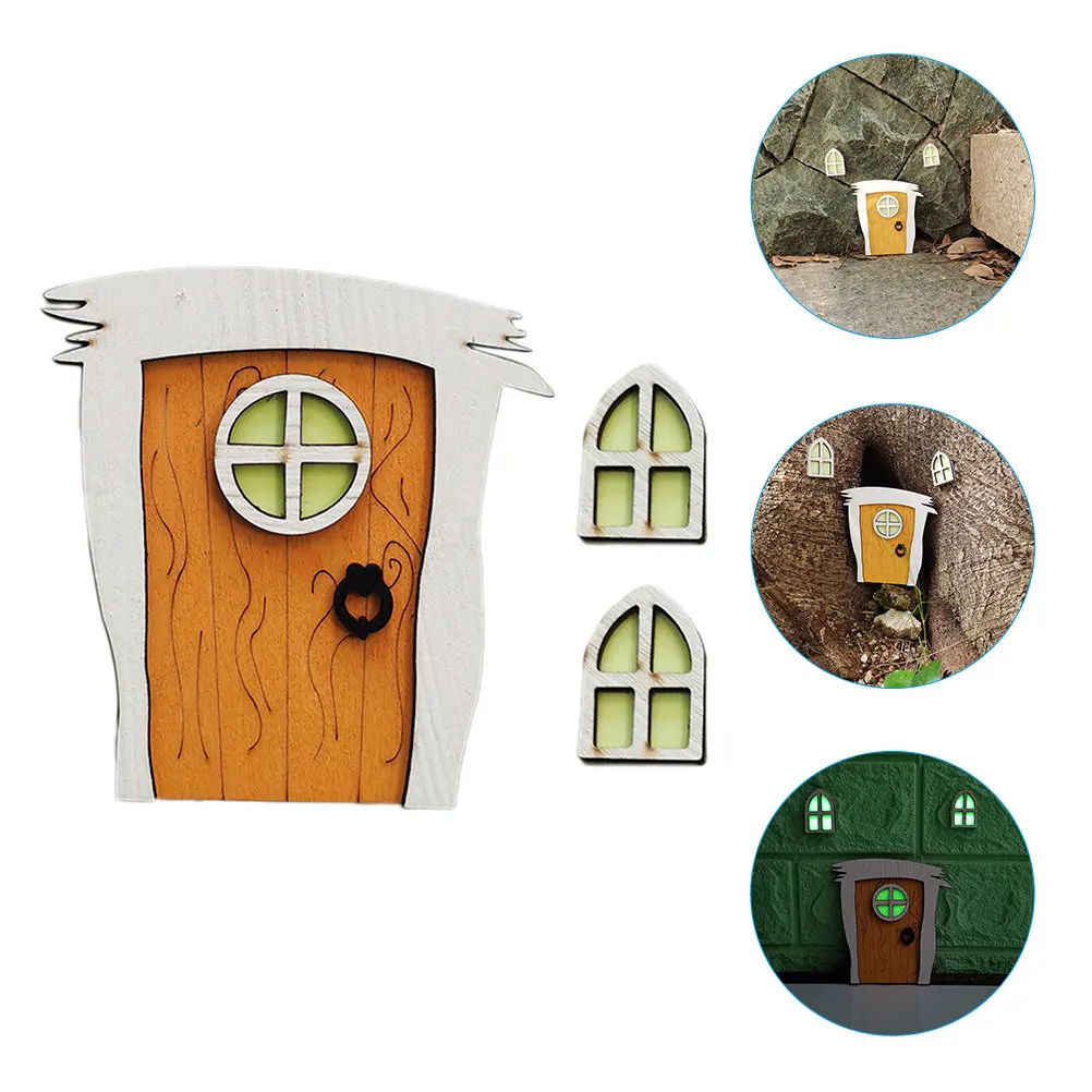 

1Set Wood Fairy Window Door Decor for Tree Stump Garden Landscape Mini House Night Light Scene Ornament Fairy Door for Wall