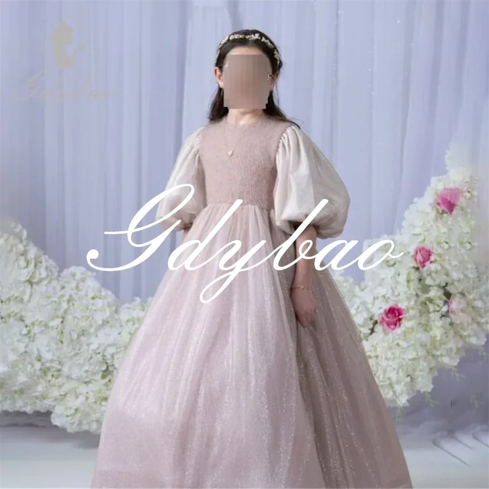 

Classic Simple O Neck Half Puff Sleeve Wedding Flower Girl Dress Floor Length Elegant Long Ball First Sommunion Gown Customized