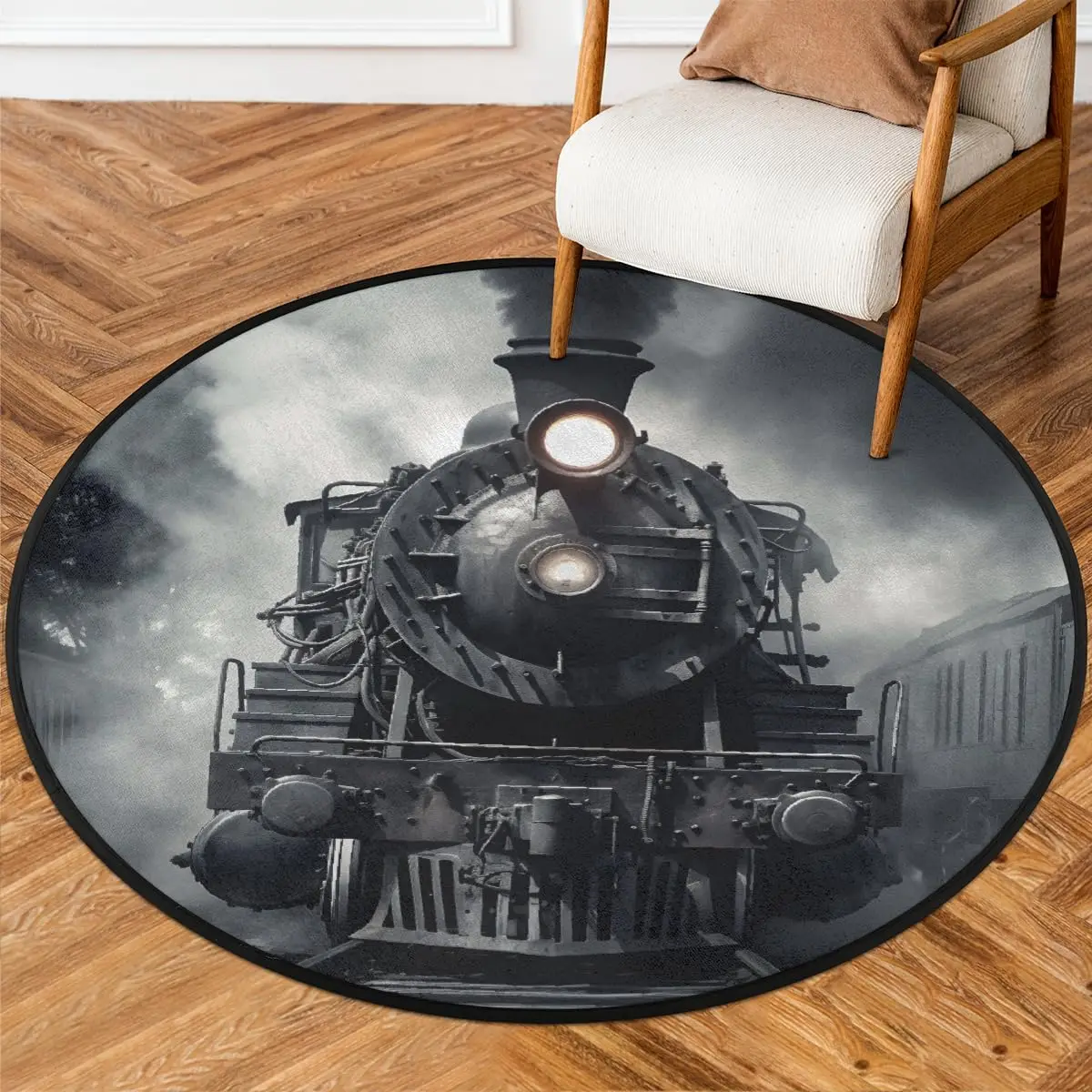 Decorative Circular Steam Train Rug Mat Throw Polyester Floor Carpet for Living Room Decor Vintage Industrial Steampunk Style Ar
