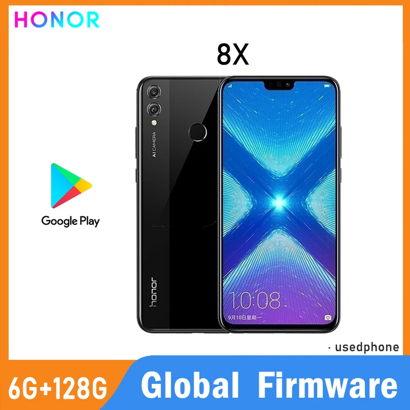 Smartphone HONOR 8X com Firmware Global, CPU Haisi Qilin 710, tela de 6,5 polegadas, bateria de 3750mAh, câmera traseira de 20MP, telefone usado.