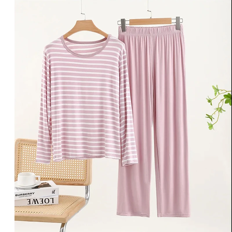 

Thin Modal Long Sleeved Sleepwear Women's Autumn and Winter Round Neck Air-Conditioned Home Suit Striped T-Shirt Long Pants Set