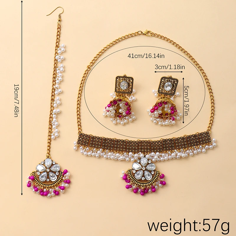 Crystal Flower Necklaces Forehead Accessories Retro Gold Color Rhinestone Earrings Set for Women Geometric Tassel Bridal Jewelry