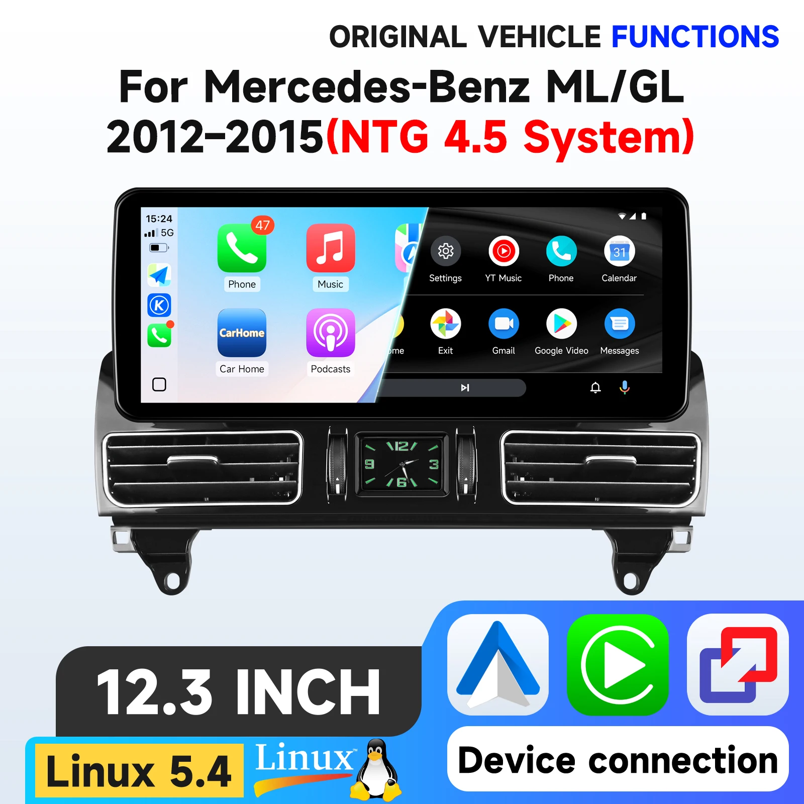 Hizpo 12,3" Kabelloses CarPlay Android Auto Multimedia-Linux-Display für Mercedes-Benz ML/GL 2012-2015 (NTG 4.5 System) Touchscreen Autoradio-Player Stereo GPS-Navigation Audio Original Auto-CD-Player