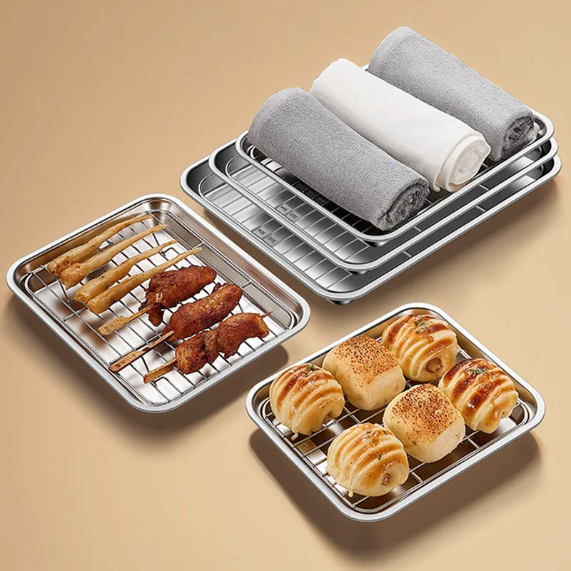 

304 stainless steel barbecue home kitchen baking oven square tray baking pan with drain rack