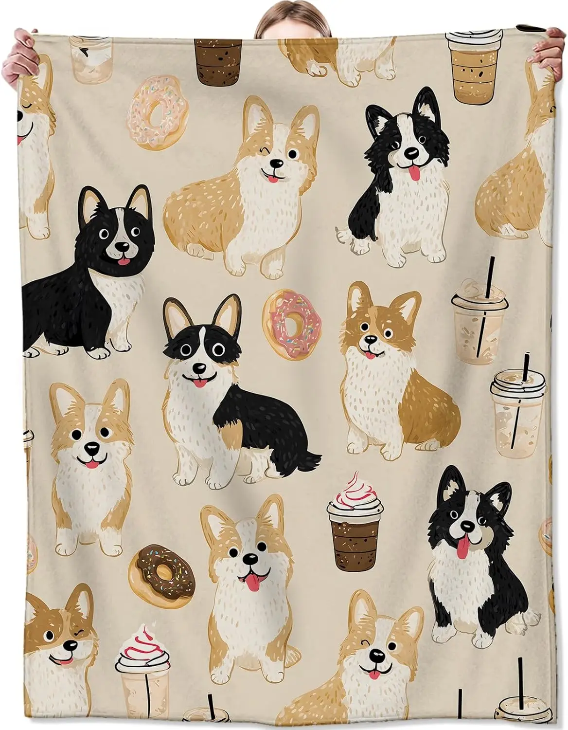 Cute Corgi Dog Blanket,Adorable Puppy with Donut and Coffee Flannel Throw for Kids,Girls,Pet Lovers as Gifts,Cozy Soft Blankets