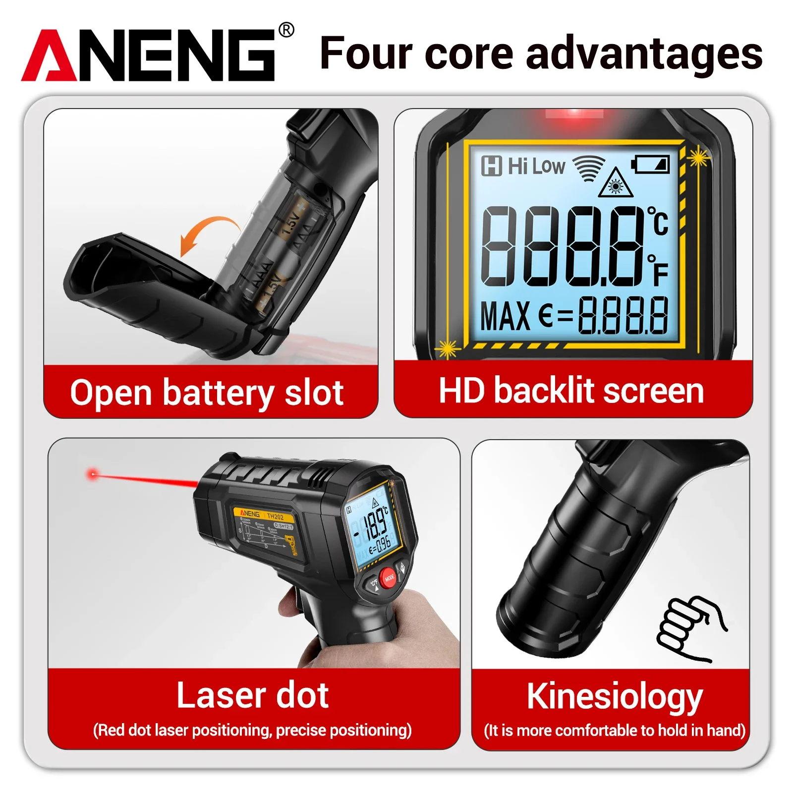 ANENG TH202 Non‑Contact Infrared Thermometer 12:1 D:S ‑50‑600C Adjustable Emissivity Data Hold Auto Power Off HVAC Repair Tool