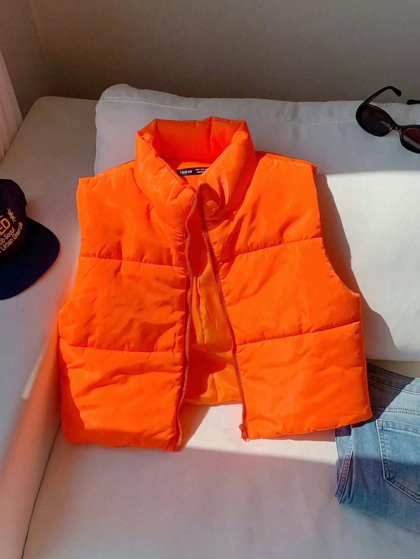 

Neon Orange Padded Zip-Up Vest for Women, Lightweight Winter Layer
