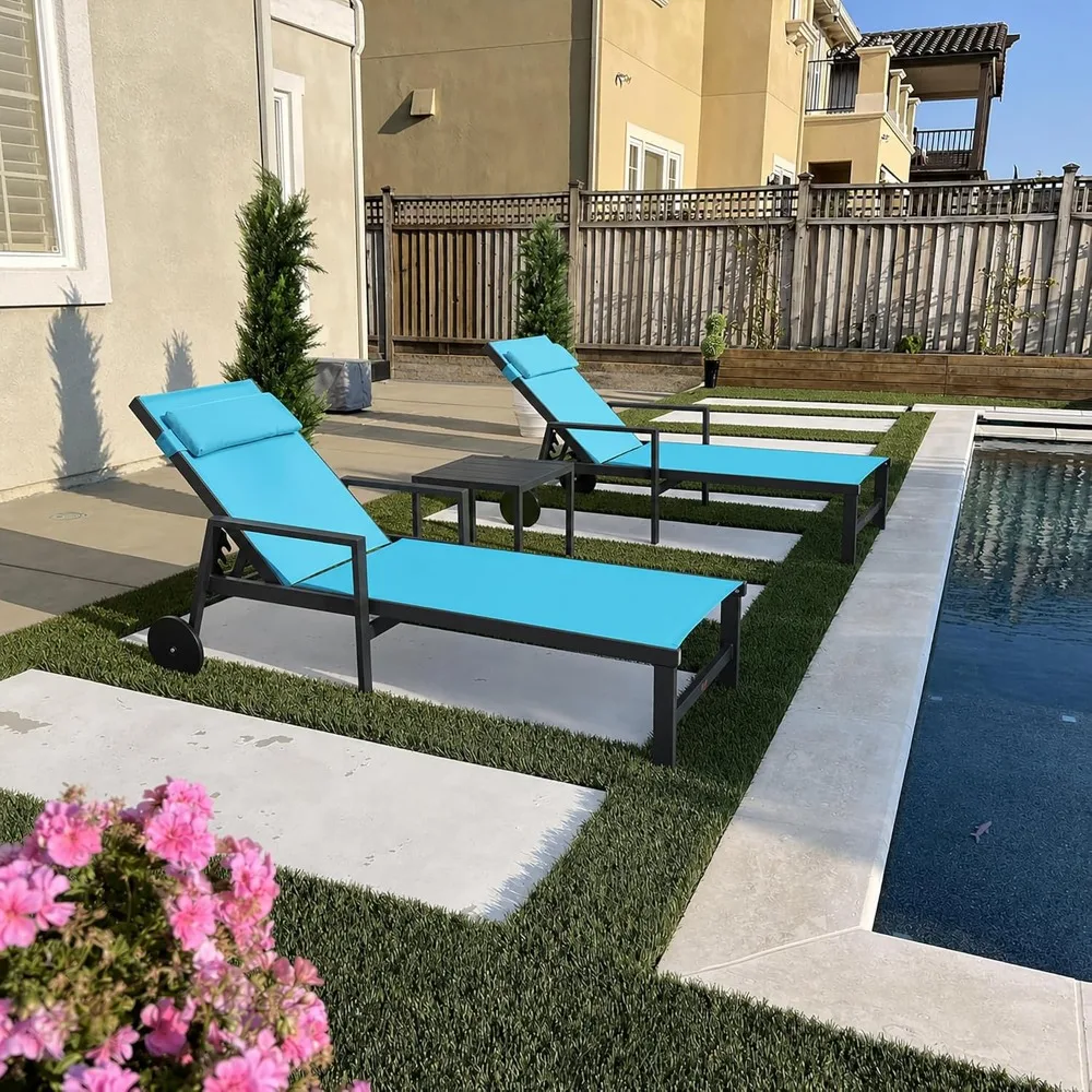 Patio Lounge Chair Set of 3 Outdoor Chaise Lounger Aluminum Frame with Armrest Side Table and Wheels for Pool, Customized