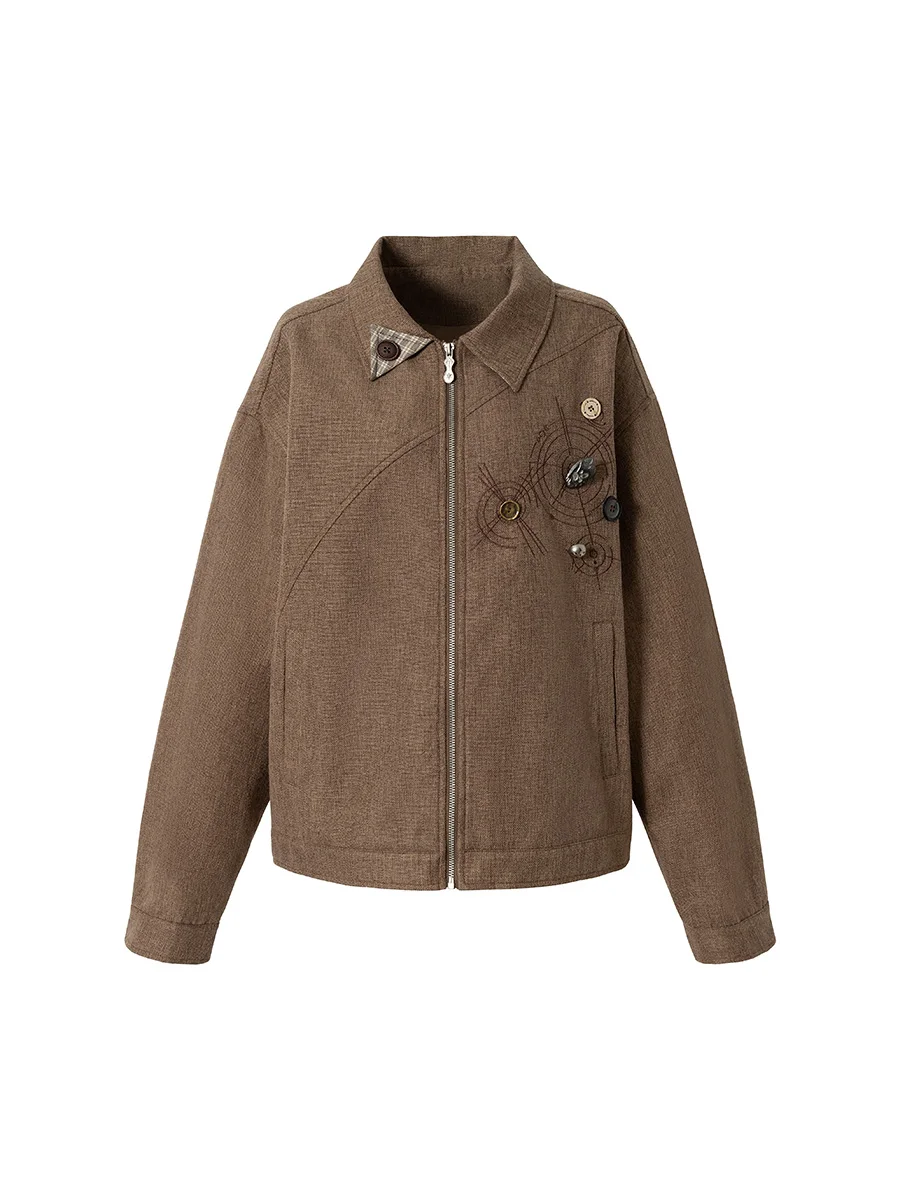 

American Retro Deconstructed Woolen Jaet with Button Design And Embroidery Loose Fit Long Sve Coat for Men And Women