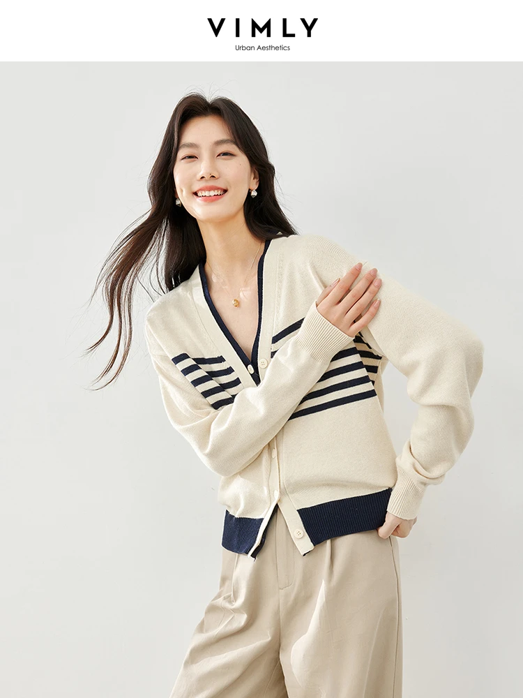 Vimly Contrast Striped Fake 2 Piece Knitted Cardigans 2024 Spring Apricot Casual Loose V-neck Sweater Coat Female Knitwear 16180