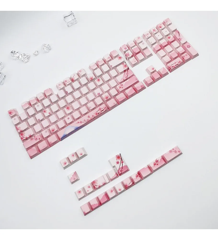 Girls cherry blossom powder gradual change keycap high value PBT hot sublimation side engraved light transmission advanced