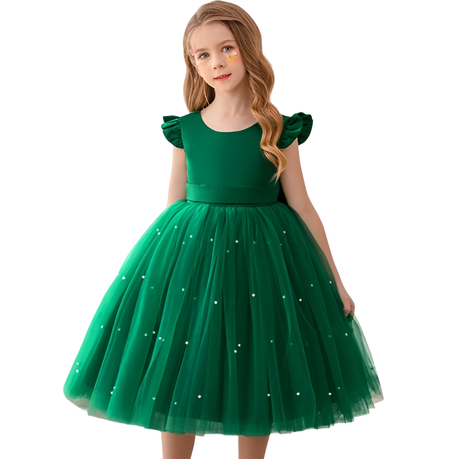 2-12 Years Old Puffy Green Girl\'s Dresses Pearls Bow Kid Vestidos 2 4 6 8 10 12 Years Old Kids Clothes OGF244440