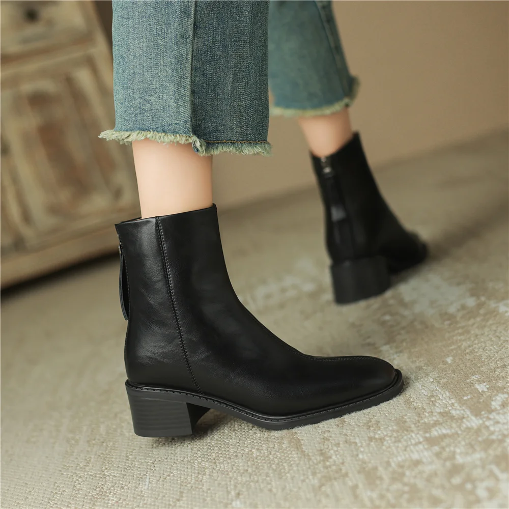 FEDONAS Classic Women Ankle Boots Square Toe Thick Heels Genuine Leather Shoes Woman Autumn Winter Warm Wool Basic Office Lady