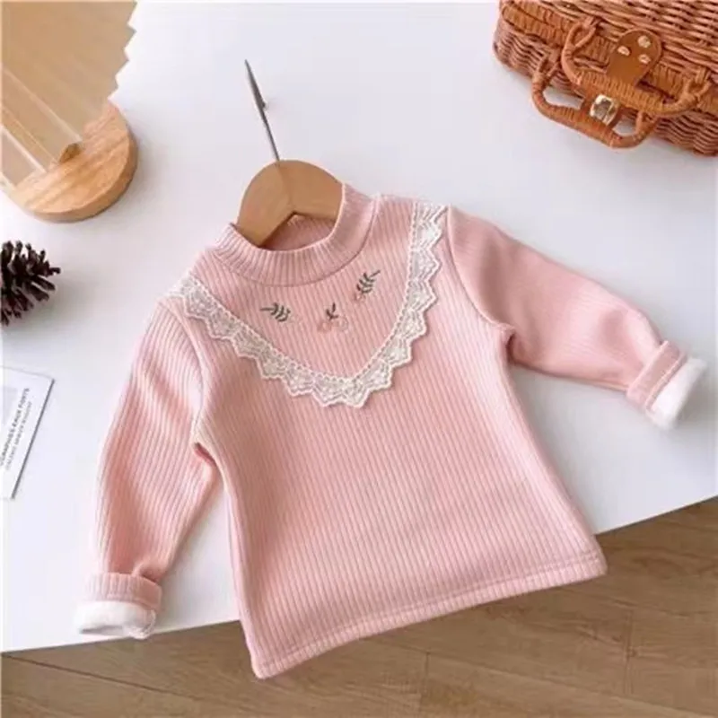 New Baby Girls Velvet T-shirt Kids Flower Bottoming Shirts Long Sleeved Pullover Fall Winter 1 To 6Yrs Children\'s Clothes Casual