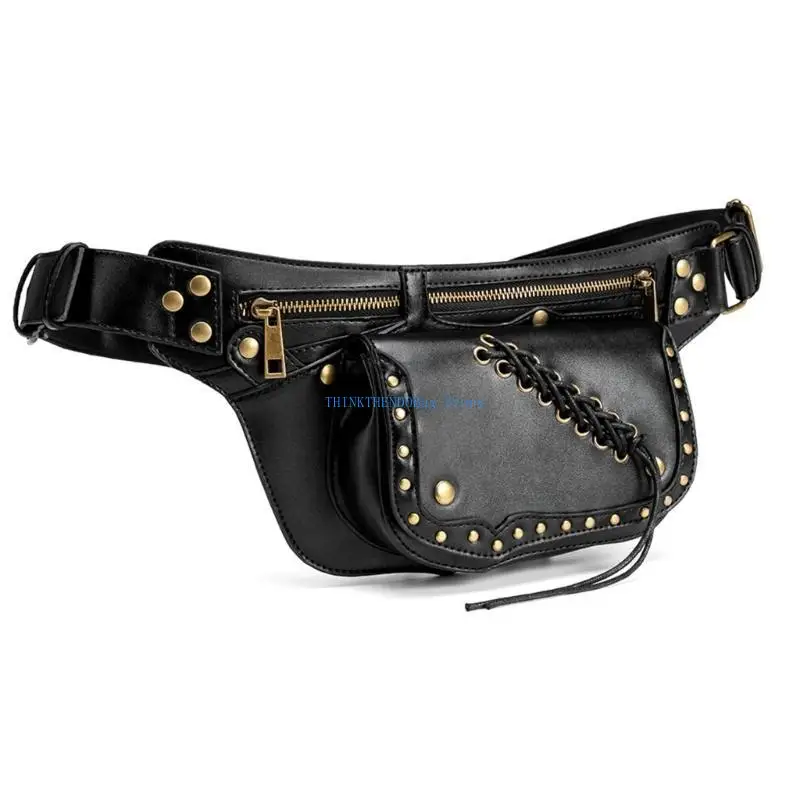 

63HC Vintage Rivets PU Leather Waist Leg Bag Steampunk Crossbody Chest Sling Purse