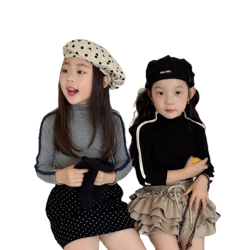 الأطفال الفتيات الخريف الفرنسية قميص شبه الياقة المدورة لينة 1-10Y أطفال بنات القطن الأساسية القمم طفل الفتيات سليم صالح البلوفرات