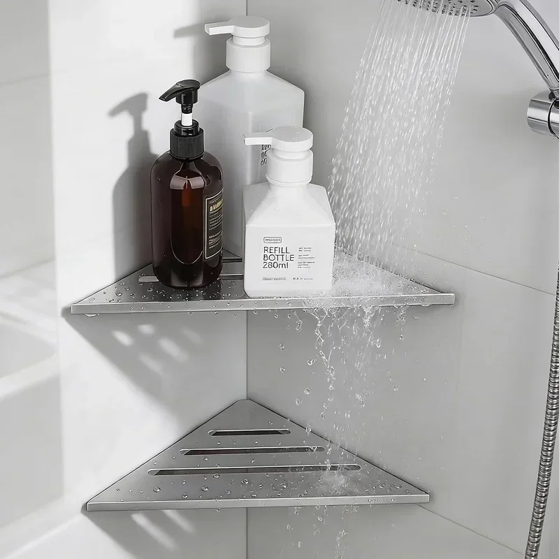 Bathroom Orgainizer Stainless Steel No Hole Floating Shelves Wall Shampoo Body Wash Storage Corner Racks Things For The Room
