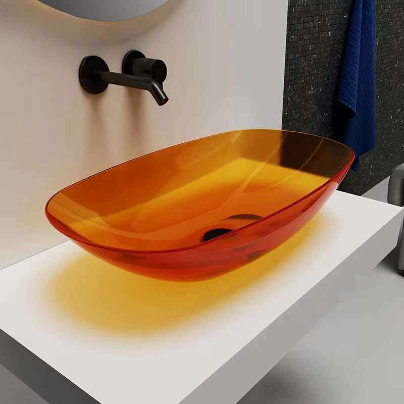 Transparent oval light luxury countertop mounting resin color small size bathroom art wash basin non-porous faucet mounting seat