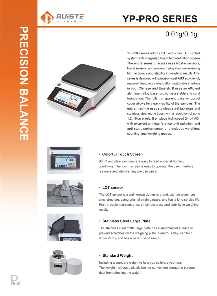 YP5002PRO High Precision Digital Balance, 5kg Capacity, 0.01g Readability, Touch Screen Lab Weighing Scale