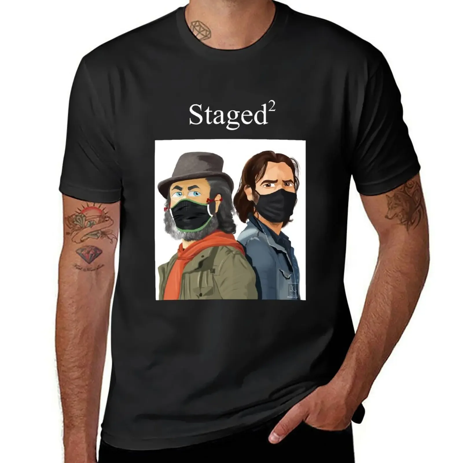 Staged 2 - David Tennant Michael Sheen T-Shirt cotton graphic tees blacks mens clothing