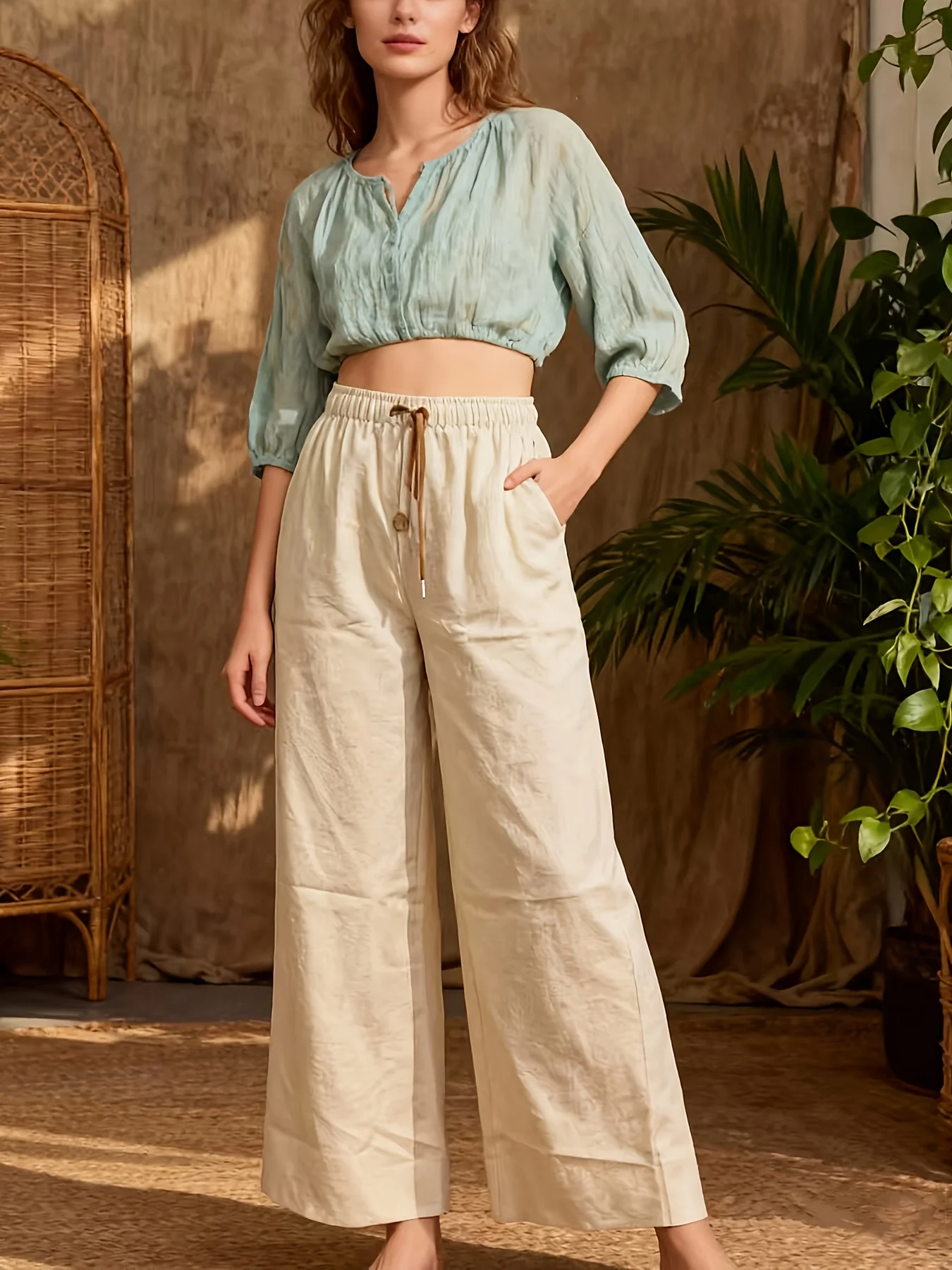 

Женские льняные брюки с высокой талией, широкими штанинами, на шнурке, свободного кроя, повседневные, с карманами, для лета и пляжа