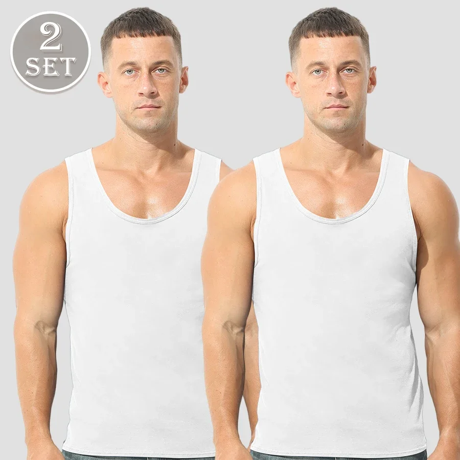 2 قطعة قميص بدون أكمام من القطن الخالص للرجال. إنها قابلة للتنفس ومناسبة للشكل، مناسبة للشباب. يمكن استخدامها كطبقة أساسية لـ