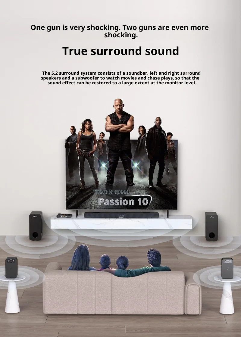 5.0 Wireless Subwoofer 5.2 Channel Home Theater Audio System Wood Design 6 Speakers Karaoke Features