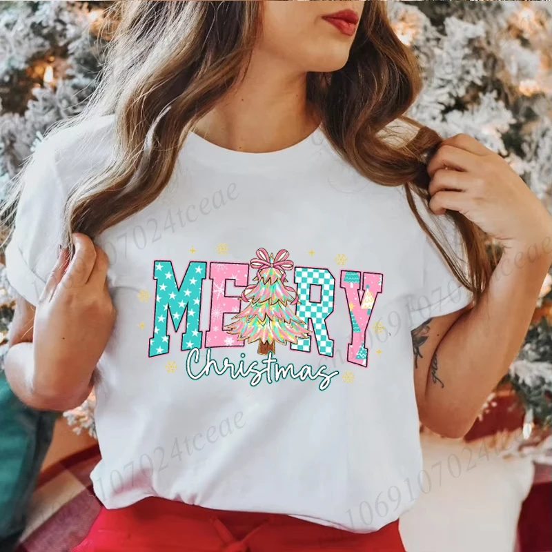 Merry Christmas Coquette T Shirts Funny Men/Women Clothing Unisex Streetwear Retro Pink Christmas Tree Clothes Graphic T-Shirt
