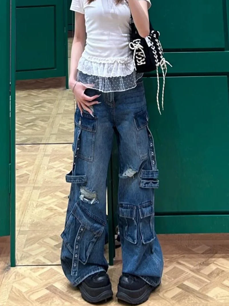 Vintage zerrissene Harajuku lose Jeans Y2K Damage Emo Wide Leg Trashy Pants Damen Grunge Lace-up Baggy Distressed Denim Hose