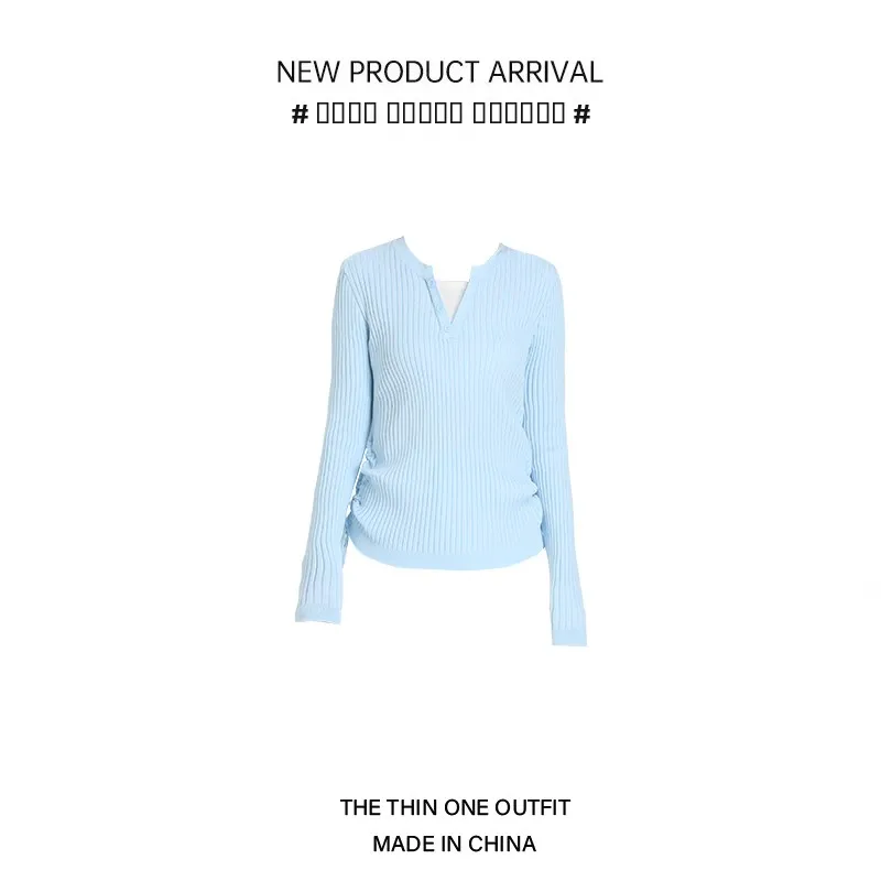 브이넥 니트 롱 슬리브 버튼업 페이크 투피스 여성용 스윗 젠틀 허리 조임 탑 가을 겨울 베이스 레이어