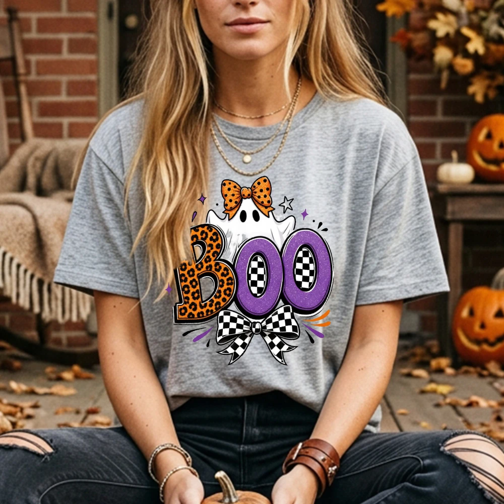 Boo Ghost Halloween Women Couple Cotton Short Sleeve T-Shirt Leopard Checkered Bow Ghost Graphic Casual Spooky Fall Holiday Tees