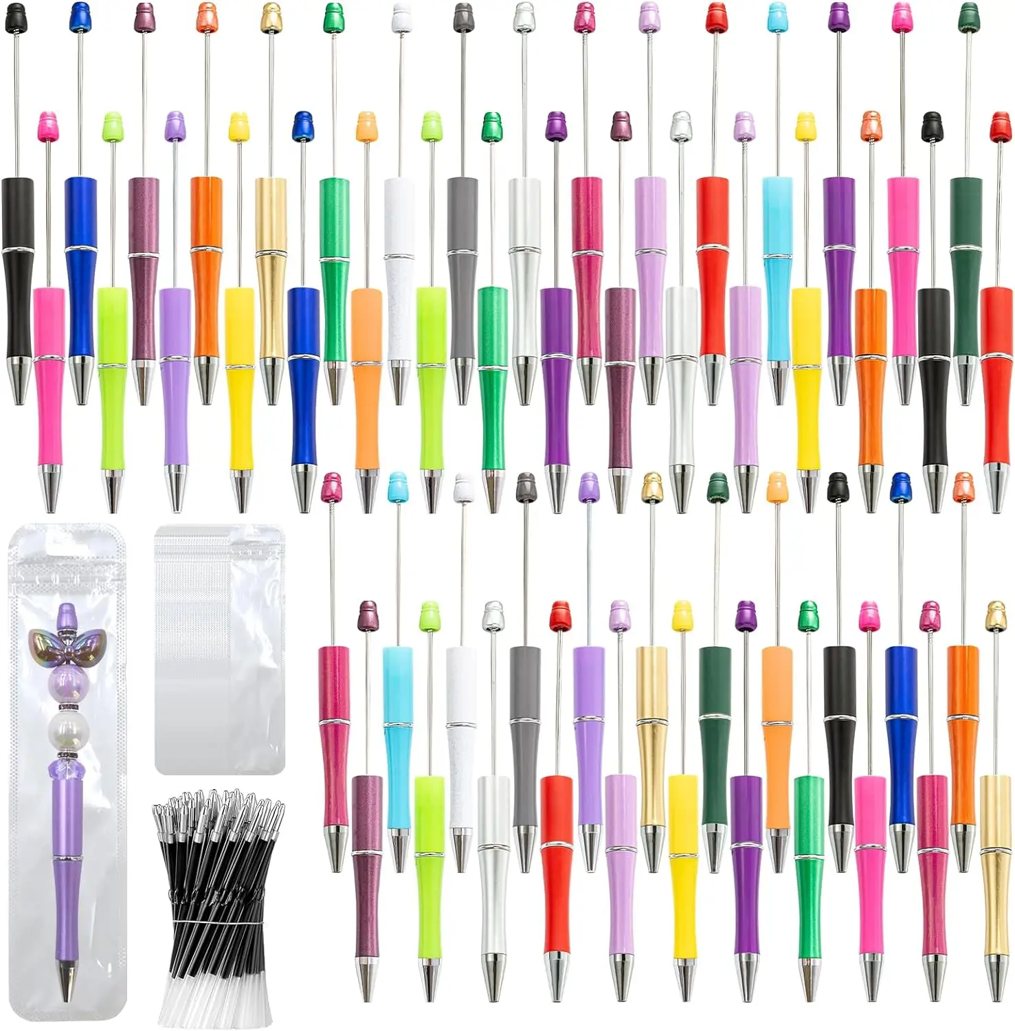 

Pieces DIY Beadable Pen Kit – 50 Plastic Ballpoint Pens with Refills & Bags, Beads Not Included – School Supplies, Office Ac