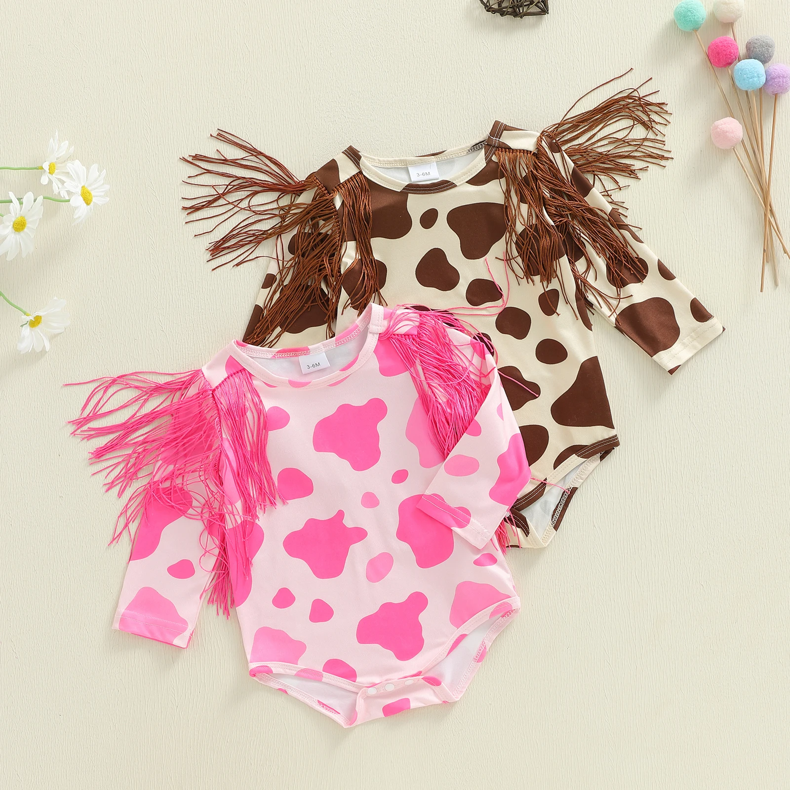 0-18M Western Style Baby Girls Rompers Cute Long Sleeve Round Neck Cowgirl Dot Print Tassel Embellished Jumpsuit