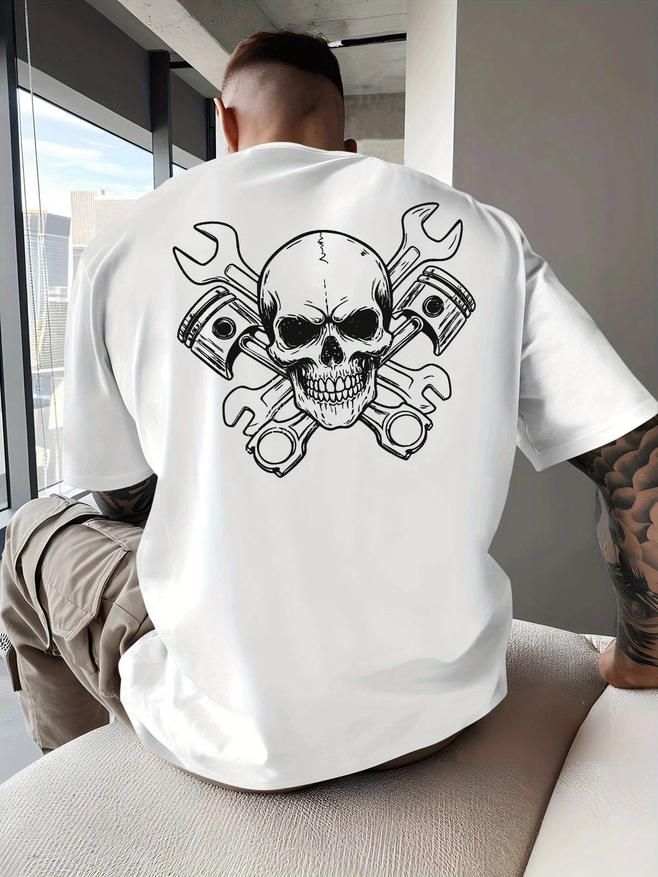 Skull Crossed Wrenches Biker Culture Men's T Shirt Fitness Sports Cotton Tee Casual Oversized Summer Spring Loose Top Streetwear