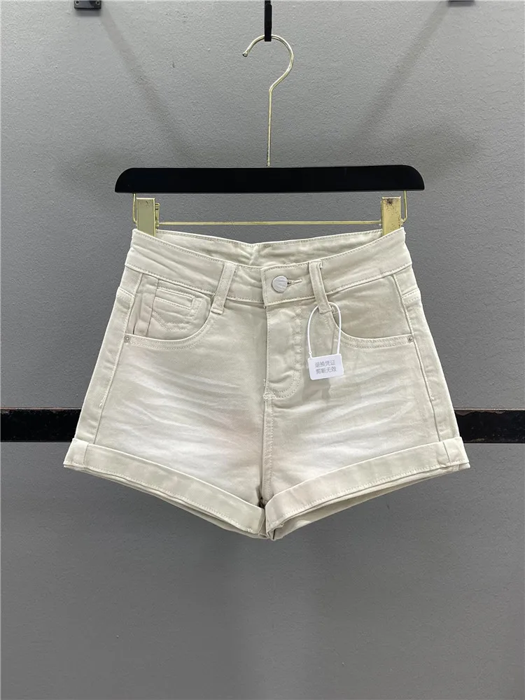 Pink Denim Short Shorts Women's Elastic Slimming Cuffed Super Short Hot Pants Casual High Waist Cotton Stretch Denim
