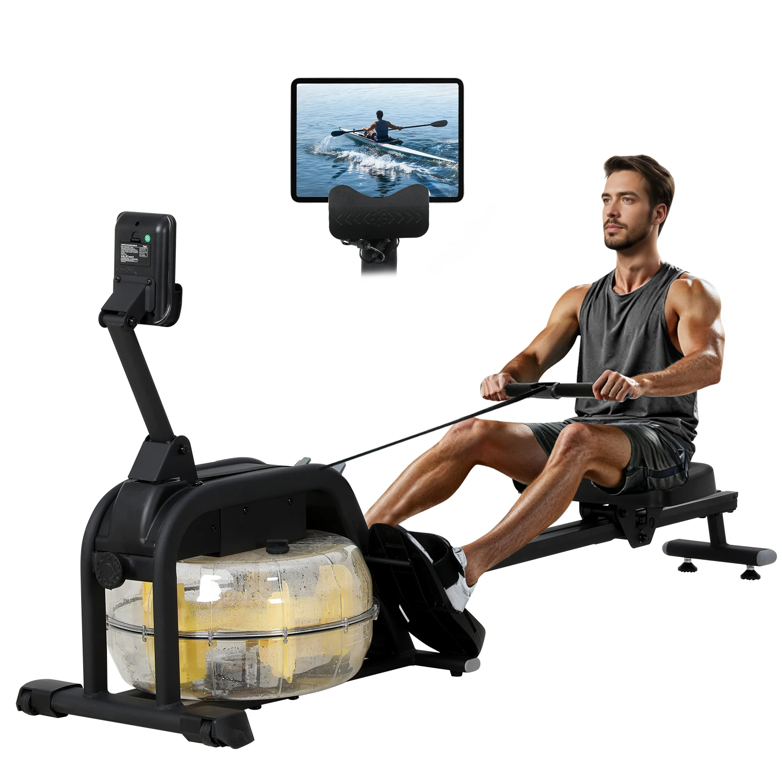 ISE Rameur Eau d'Appartement Musculation avec Résistance Réglable, Multifonction Écran LCD, Support Tablette, Rameur a Eau Rails lisses/Siège Confortable, Rameurs Ergonomie Capacité 135KG, Noir