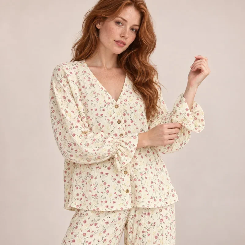 Women Cotton Pajamas Set Floral Print Long Sleeve V Neck Button Down Loungewear Autumn Loose Comfy Sleepwear Home Clothes