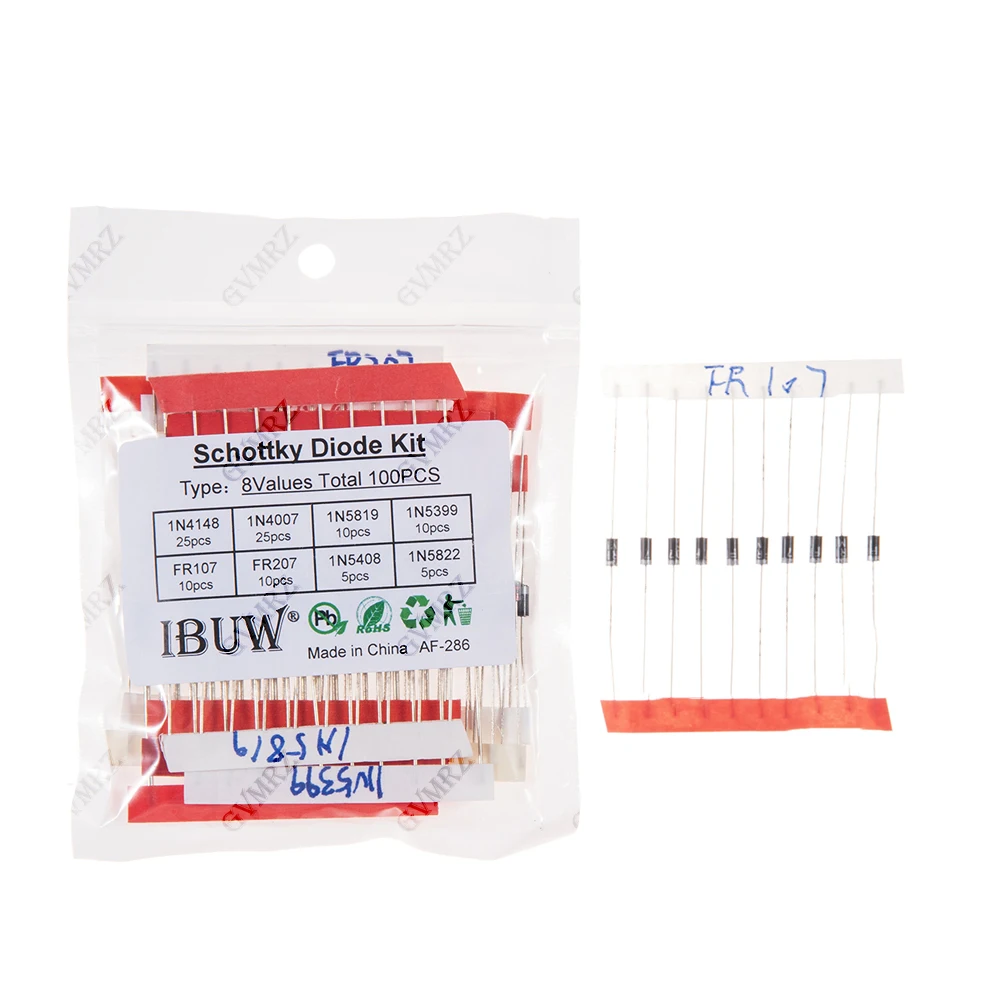 100PCS 8Values Schottky Diode Kit 1N4148 1N4007 1N5822 for Electronic Projects Rectification 1N5399 FR107 FR207 1N5819 1N5408