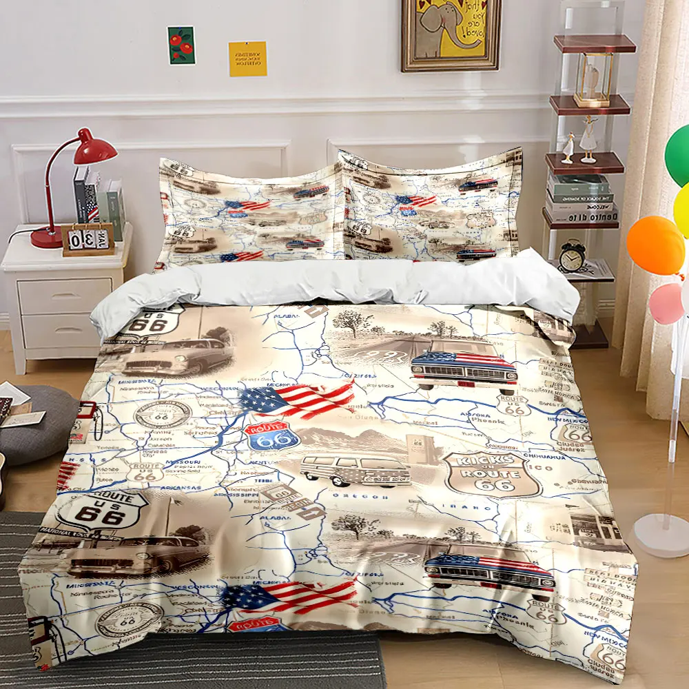 

Vintage Route 66 Map Elements Pattern Duvet Cover Set Digital Print Colorful Polyester Bedding with Zipper Closur for kids gifts