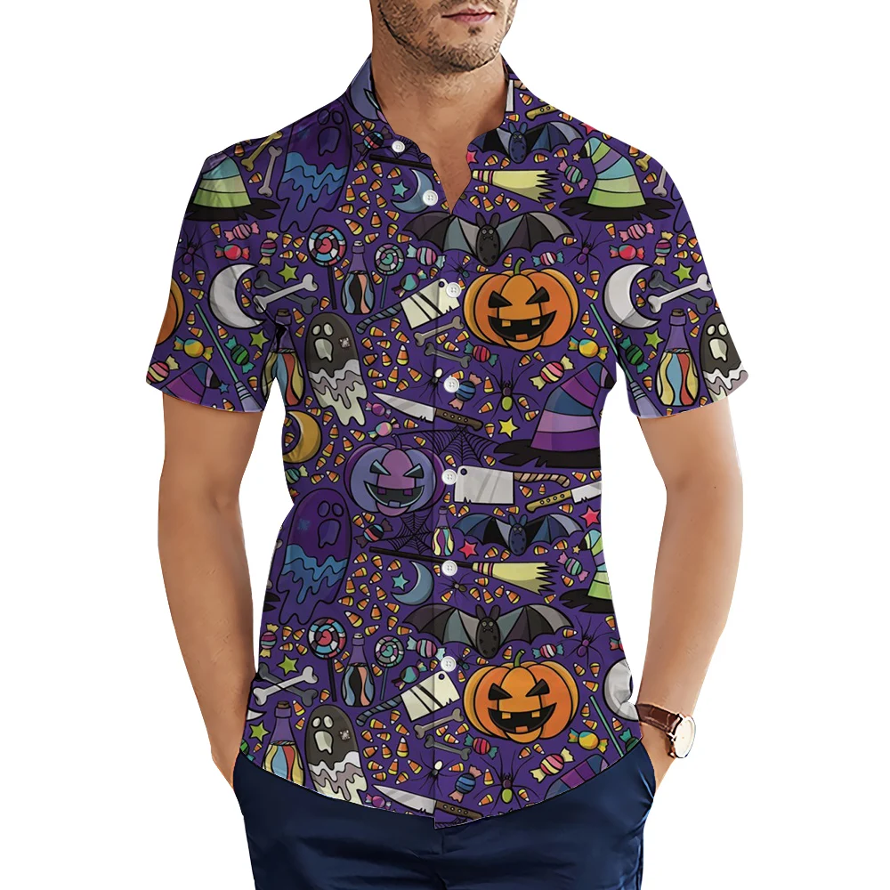 CLOOCL Men Shirts Halloween Party Pumpkin Little Devil Graphics 3D Printed Blouse Short Sleeve Lapel Casual Male Hawaiian Shirts