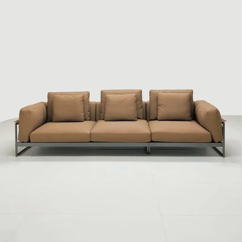 Italian minimalist leather sofa three-person straight row small apartment, first-layer cowhide sofa