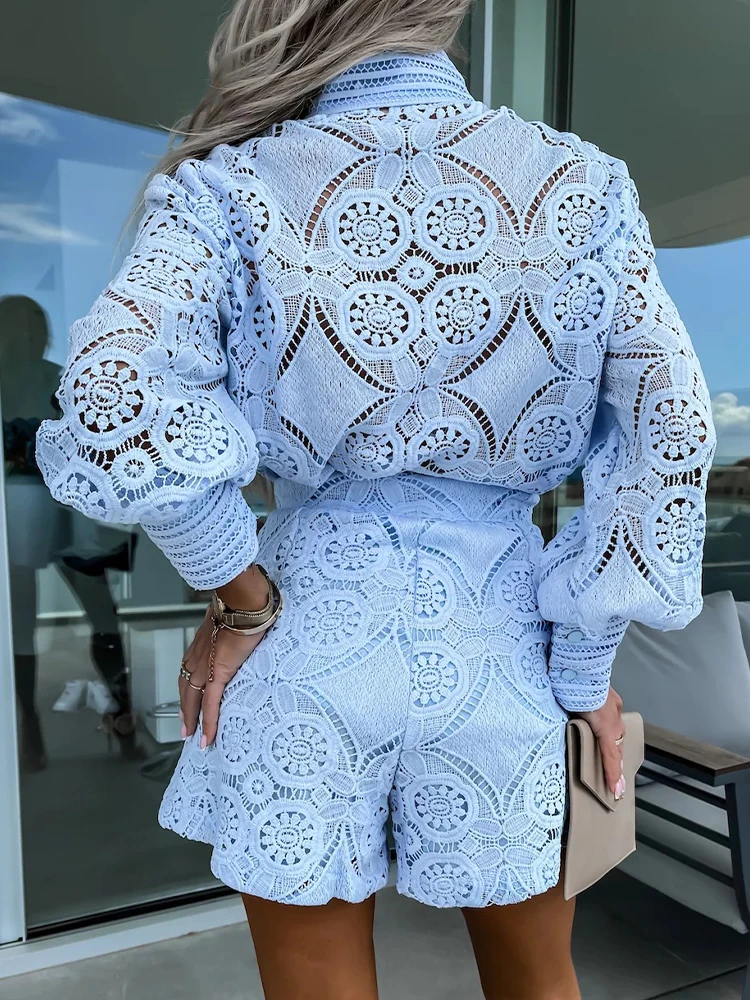 Fashion Embroidery Short Sets Women Spring Summer Long Sleeve Single Breasted Short Suits Ladies Elegant Casual 2 Pcs Outfits